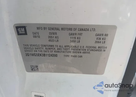 2011 Chevrolet Impala Lt из США, поврежденный, VIN 2G1WG5EK3B1124390